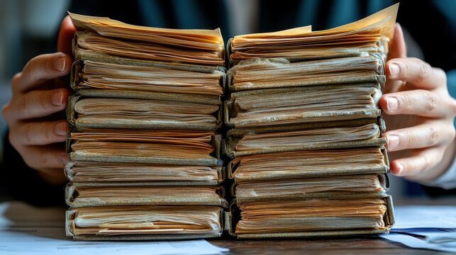 A stack of aged, bound documents held in hands.  Documents are tightly bound, appearing historical, perhaps archival