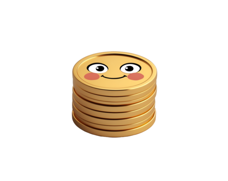 Adorable Golden Coin Stack with Animated Facial Features, Exuding Wealth and Playfulness in a Cartoon Style Design, Illustrating Financial Concepts