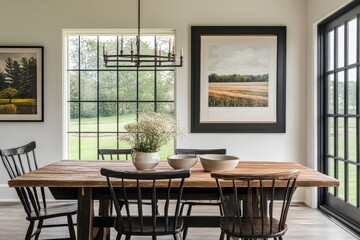 A cozy farmhouse dining room showcases a horizontal black frame above a wooden dining table