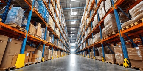 Interior of a large warehouse with numerous stacked cardboard boxes on metal shelving units