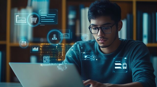 Online learning: A man uses a laptop to study. Icons show online education, AI learning, and video courses. He's learning through the internet.
