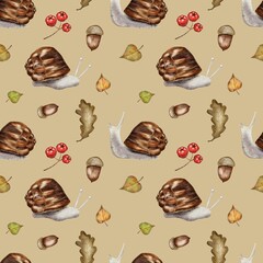 Colorful autumn pattern featuring snails, acorns, and leaves in a whimsical design
