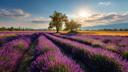 Stunning Lavender Field at Sunset Picturesque Rows of Purple Flowers and Golden Wheat Field