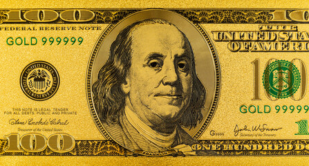 Gold 100 dollar bill for design purposes. Money of the United States of America.