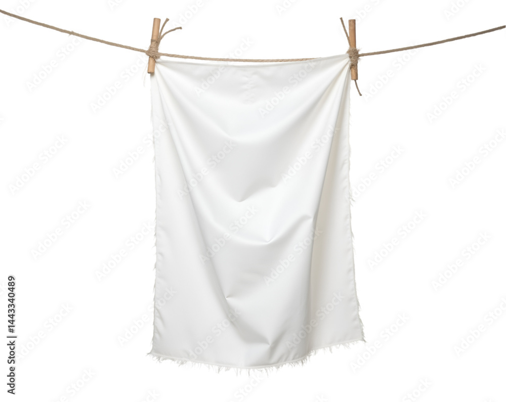 Poster an evocative image showcasing a pristine white fabric flag suspended gracefully from a rustic rope l