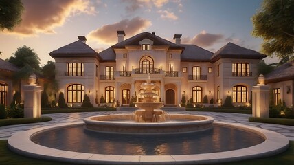 Elegant mansion with a fountain at dusk showcasing luxurious architecture and landscape design