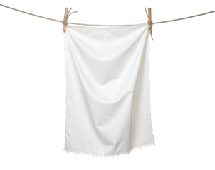 An evocative image showcasing a pristine white fabric flag suspended gracefully from a rustic rope line with wooden clothespins, emphasizing simplicity and delicate movement