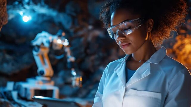 A scientist in a lab coat uses a tablet amid advanced machinery in a dim underground lab