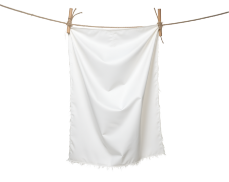 An evocative image showcasing a pristine white fabric flag suspended gracefully from a rustic rope line with wooden clothespins, emphasizing simplicity and delicate movement