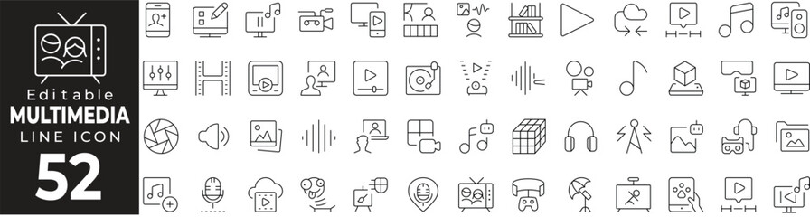 Multimedia Thin Line Icon Set. Audio, Video, Media, Content Creation, and More. Vector Illustration.