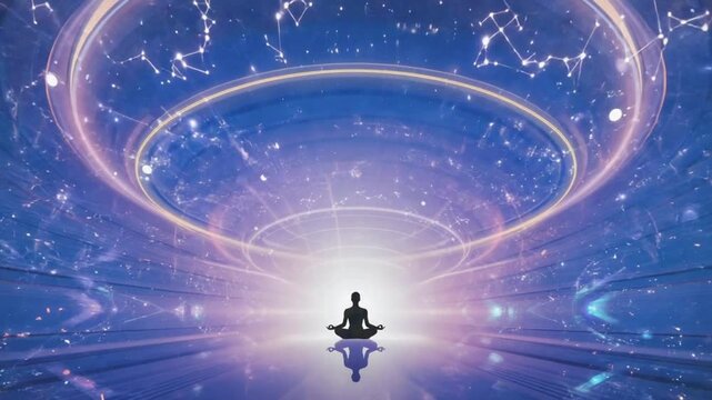 Each chakra along spine lights up one one, sending a beam of colored energy crown. beam projects out space, drawing constellations connect meditator planet ending grand alignment overhead