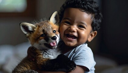 Un bebé abrazando a un zorro bebé y riendo