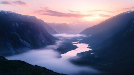 Fototapeta premium Serene valley with winding river veiled in mist, bathed in pastel dawn light.
