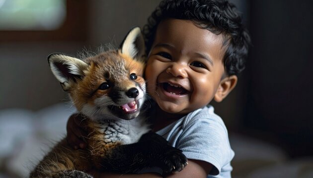 Un beb&eacute; abrazando a un zorro beb&eacute; y riendo
