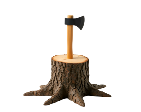 An isolated tree stump with an axe embedded on a plain white canvas portrays the rustic simplicity of outdoor work and the elemental connection between man and nature