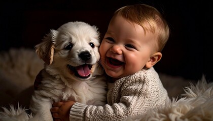 Un bebé abrazando a un perro bebé y riendo
