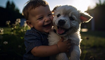 Un bebé abrazando a un perro bebé y riendo