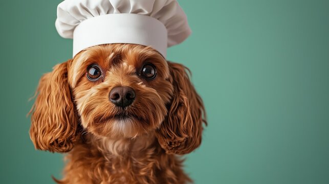a cavapoo looking at the camera with a chef hat . Clean background with colour greeт