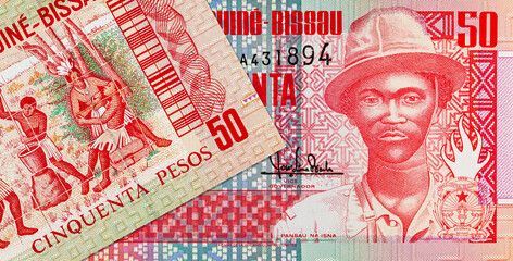 Fototapeta premium 50 pesos of Guinea-Bissau, with a portrait of Pansau Na Isna. Paper money of Guinea-Bissau