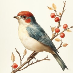 Fototapeta premium Bird Observing Delicate Blossoms Enchanted Forest Wildlife Photography Natural Habitat Close-Up