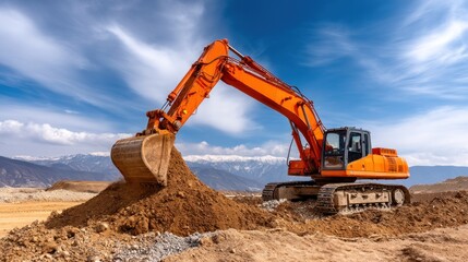 Large orange excavator working on a construction site, mountains in the background