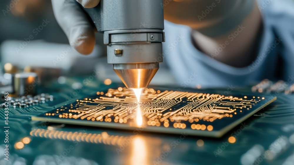 Poster rare earth electronics concept, technician using laser to etch circuits onto a circuit board in a mo
