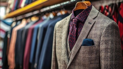 Elegant plaid suit jacket with tie on hanger in stylish clothing store display.