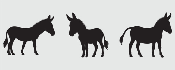 Obraz premium Silhouettes of donkeys in various standing poses, each with distinct ear and tail positions, rendered in black against a light background for a bold and rustic animal profile