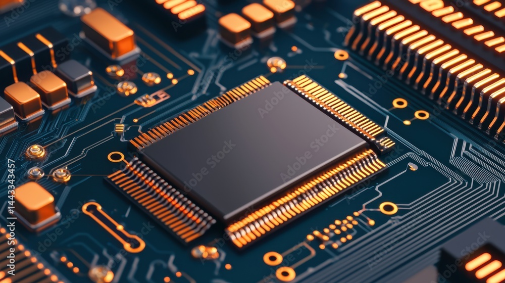 Poster rare earth electronics concept, advanced quantum computing lab circuit board close-up, developing ne