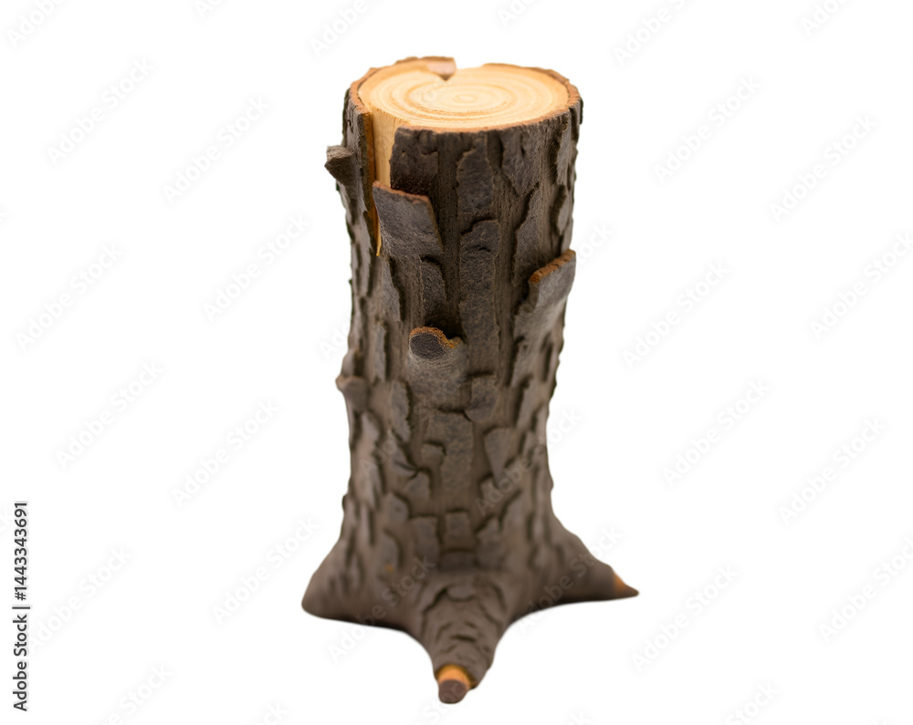 Poster artistic portrayal of a tree trunk transformed into a totem pole, standing prominently in an isolate