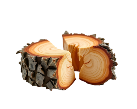 Artistic depiction of a split tree trunk showcasing intricate wood grain and jagged edges, set against an isolated background for stark contrast and detail focus