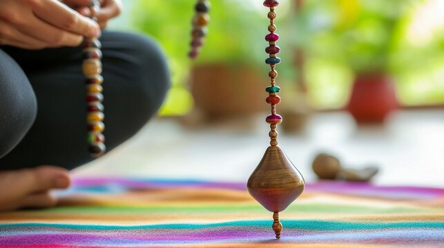 Colorful meditation pendulum swinging gently above vibrant striped surface, capturing moment of spiritual balance and energy alignment