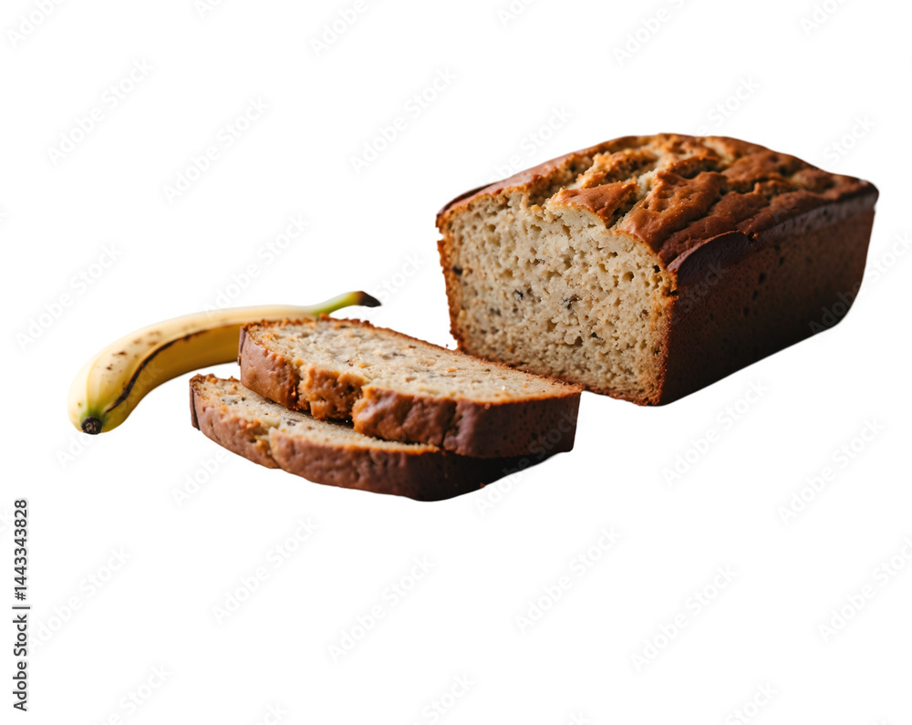 Poster artistic presentation of sliced banana bread with a ripe banana on an isolated setting creating a vi