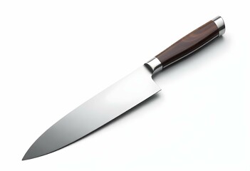 Realistic stainless steel chef&rsquo;s knife isolated on white background, kitchenware product mockup, clean lighting, high-resolution