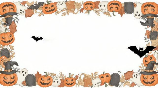 Halloween Frame with Pumpkins, Ghosts, and Bats - A charming Halloween-themed border features carved pumpkins, friendly ghosts, witch hats, bats, and autumn leaves on a white background