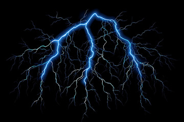 Striking blue lightning bolts branching across a dark background, illuminating the scene