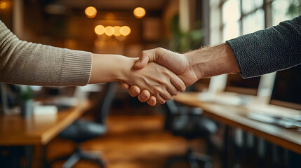 Close up view of two people shaking hands indoors with a blurred office background