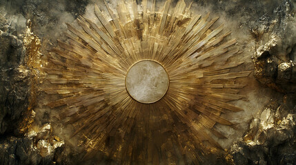 Golden radial burst from a central circle textured and stylized set against a dark organic background