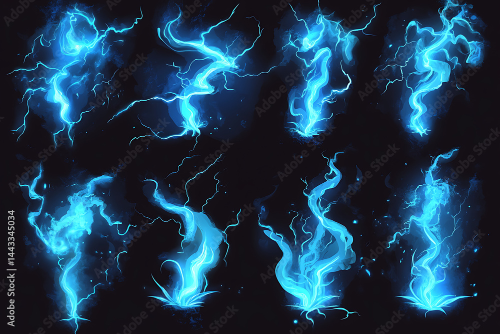 Poster collection of blue lightning effects on dark background for use in digital art and design