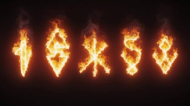 Pitch black background, series of glowing flame-forged glyphs ancient runic and geometric shapes ignite sequentially, flicker realistic fire dynamics, smolders, high contrast, crisp edges, 4K
