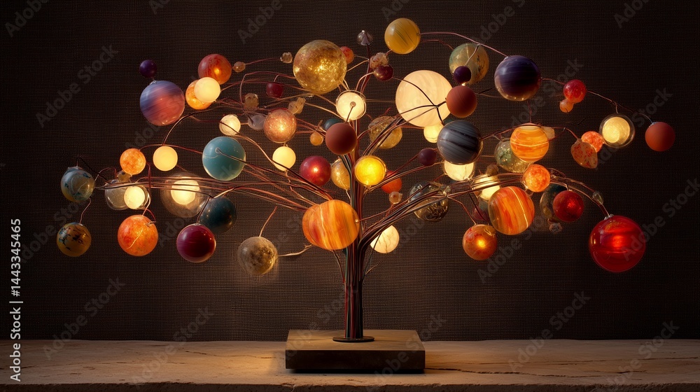 Poster unique decorative lamp resembling a tree with planets illuminating a dark background in a cozy inter