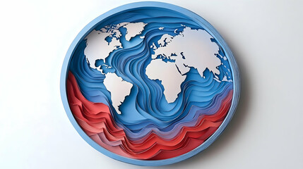 Layered paper world map in blue  red shades in a circular frame depicting continents  ocean currents