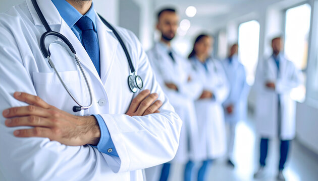 Equipo medico con un doctor profesional de la medicina y la salud con bata blanca y estetoscopio de pie junto a otros medicos en un pasillo de un hospital luminoso concepto de seguro de salud
