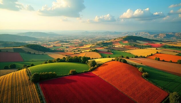 Vast patchwork of cultivated lands, rich hues, agricultural, countryside, landscape