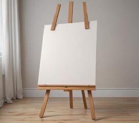Solid wooden easel base, sturdy, holding a pristine white canvas ,  backdrop,  detail,  photography