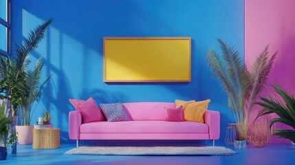 Vibrant Pink Living Room with Tropical Plants and Yellow Artwork