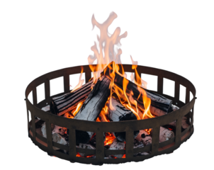 Captivating Campfire Scene, Warm Flames Flickering Within a Rustic Metal Fire Ring, Casting a Soft Glow on the Charred Logs, Isolated on a Plain Canvas