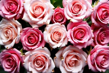 Fototapeta premium Delicate rose blossoms arranged in a square grid , seamless pattern, summer