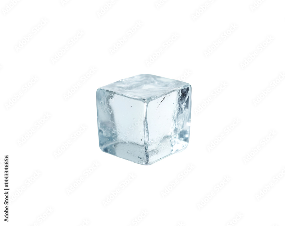 Poster captivating clear ice cube showcasing intricate details and transparent texture on a plain setting o