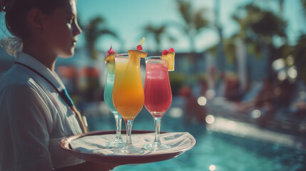 Female server carrying colorful cocktails by pool at tropical resort